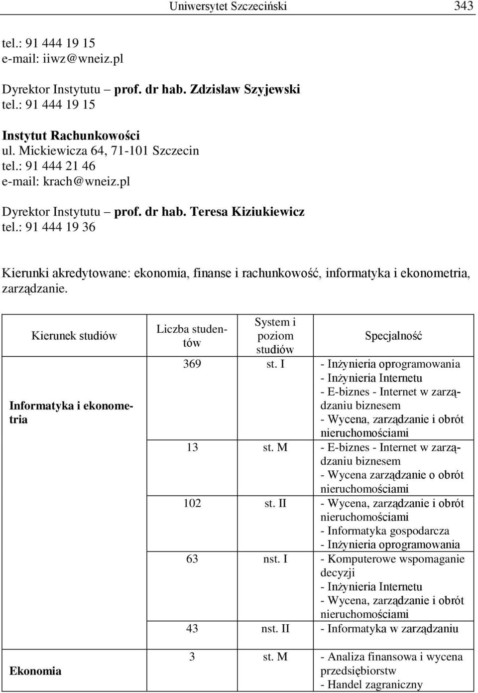 : 91 444 19 36 Kierunki akredytowane: ekonomia, finanse i rachunkowość, informatyka i ekonometria, zarządzanie. Informatyka i ekonometria Ekonomia poziom studiów 369 st.