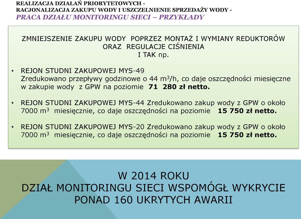 REJON STUDNI ZAKUPOWEJ MYS-49 Zredukowano przepływy godzinowe o 44 m 3 /h, co daje oszczędności miesięczne w zakupie wody z GPW na poziomie 71 280 zł netto.