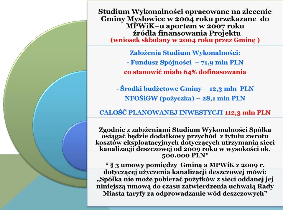 PLN Zgodnie z założeniami Studium Wykonalności Spółka osiągać będzie dodatkowy przychód z tytułu zwrotu kosztów eksploatacyjnych dotyczących utrzymania sieci kanalizacji deszczowej od 2009 roku w