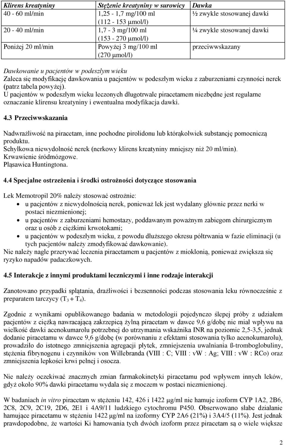 czynności nerek (patrz tabela powyżej). U pacjentów w podeszłym wieku leczonych długotrwale piracetamem niezbędne jest regularne oznaczanie klirensu kreatyniny i ewentualna modyfikacja dawki. 4.