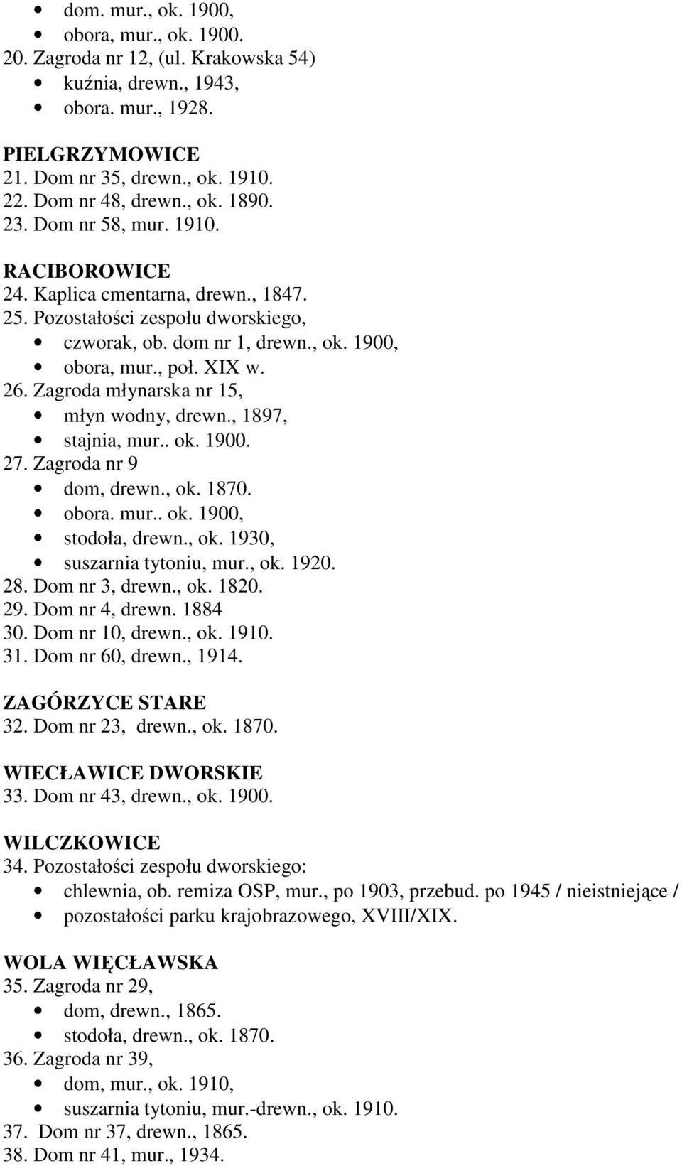 Zagroda młynarska nr 15, młyn wodny, drewn., 1897, stajnia, mur.. ok. 1900. 27. Zagroda nr 9 dom, drewn., ok. 1870. obora. mur.. ok. 1900, stodoła, drewn., ok. 1930, suszarnia tytoniu, mur., ok. 1920.