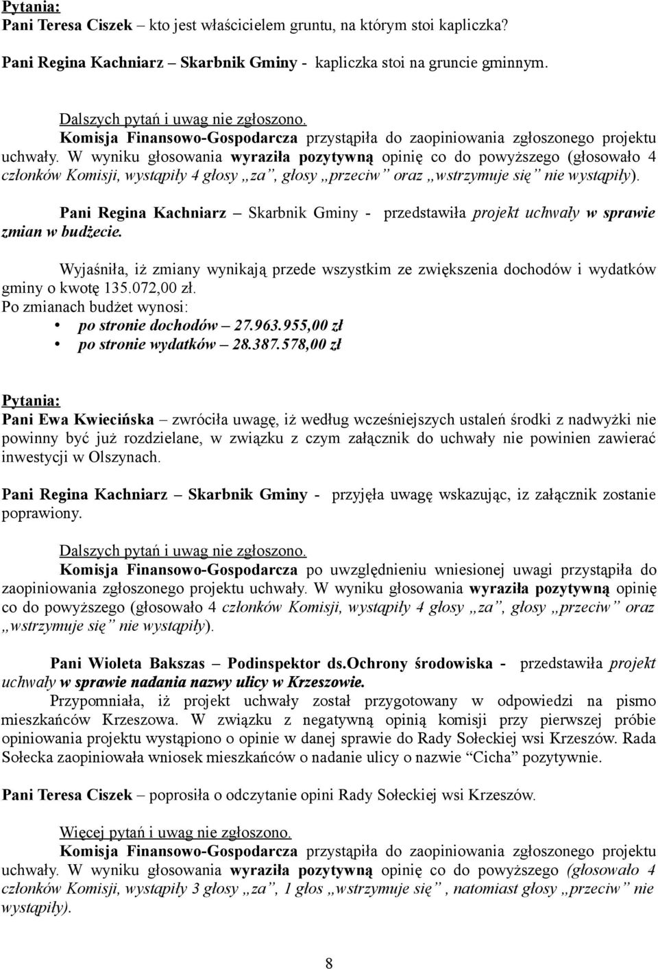 W wyniku głosowania wyraziła pozytywną opinię co do powyższego (głosowało 4 członków Komisji, wystąpiły 4 głosy za, głosy przeciw oraz wstrzymuje się nie wystąpiły).