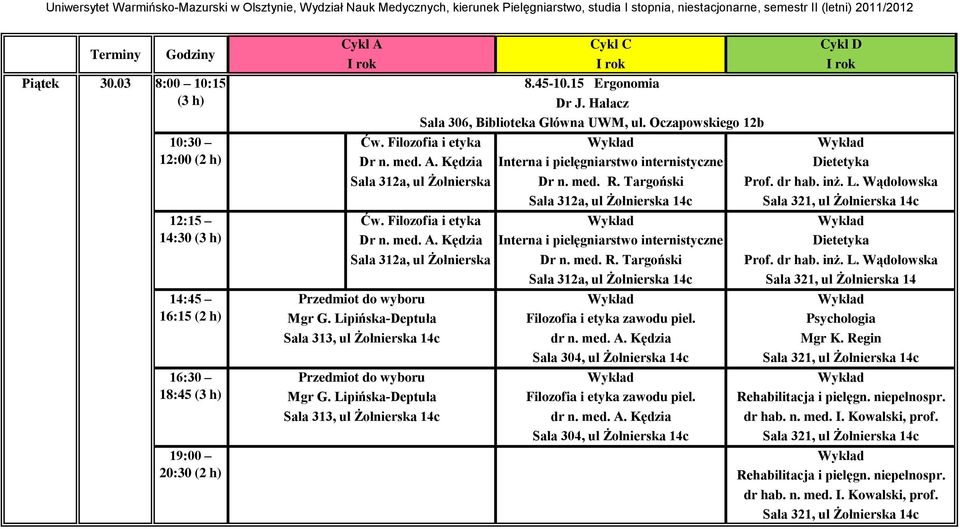 Lipińska-Deptuła Przedmiot do wyboru Mgr G. Lipińska-Deptuła, ul Żołnierska 14 Filozofia i etyka zawodu piel. dr n. med. A. Kędzia Sala 304, ul Żołnierska 14c Filozofia i etyka zawodu piel.