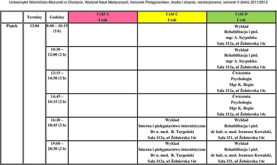 Szypulska Rehabilitacja i piel. niepełnosprawnych mgr A. Szypulska Ćwiczenia Ćwiczenia Rehabilitacja i piel. dr hab.