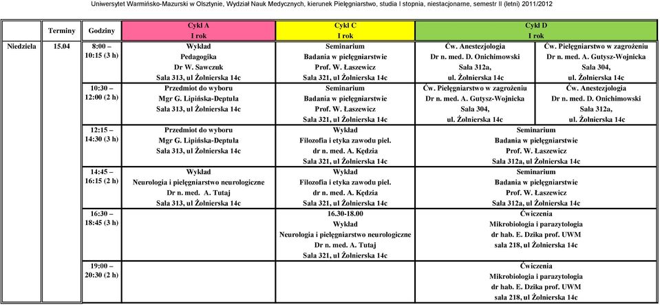 Łaszewicz Sala 312a, Sala 304, ul. Żołnierska 14c ul. Żołnierska 14c Seminarium Ćw. Pielęgniarstwo w zagrożeniu Ćw. Anestezjologia Badania w pielęgniarstwie Dr n. med. A. życia Gutysz-Wojnicka Dr n.