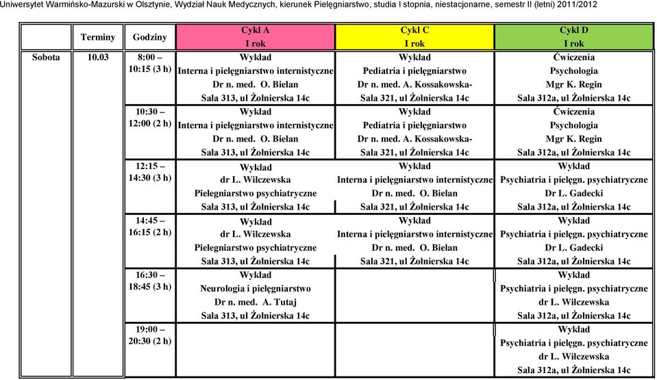 Kossakowska-, Krajewska ul Żołnierska 14c dr L. Wilczewska Interna i pielęgniarstwo internistyczne Psychiatria i pielęgn. psychiatryczne Pielegniarstwo psychiatryczne Dr n. med. O. Bielan Dr L.