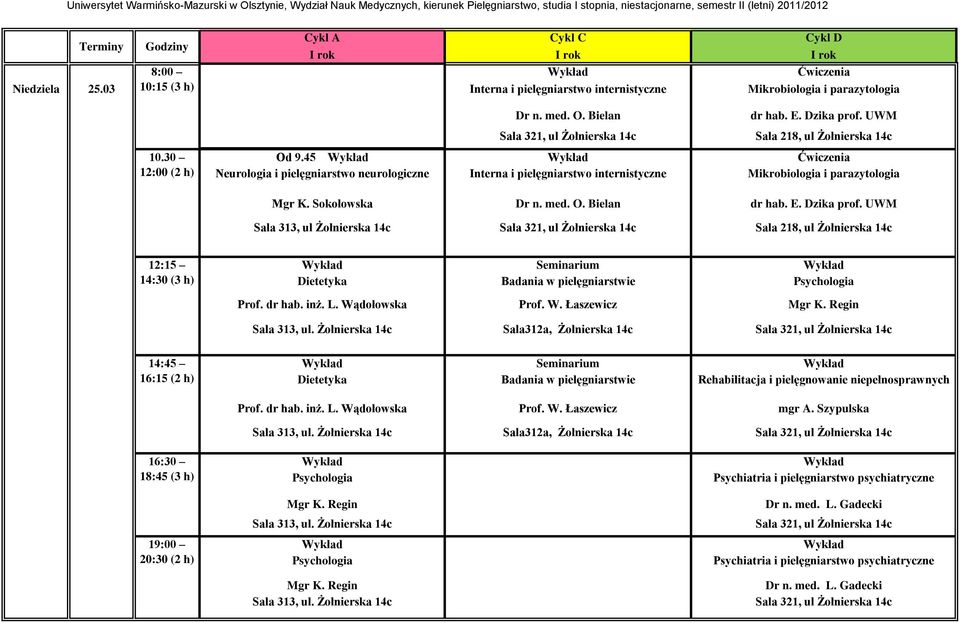 UWM Sala 218, ul Żołnierska 14c Seminarium Dietetyka Badania w pielęgniarstwie Prof. dr hab. inż. L. Wądołowska Prof. W. Łaszewicz Sala 313, ul.