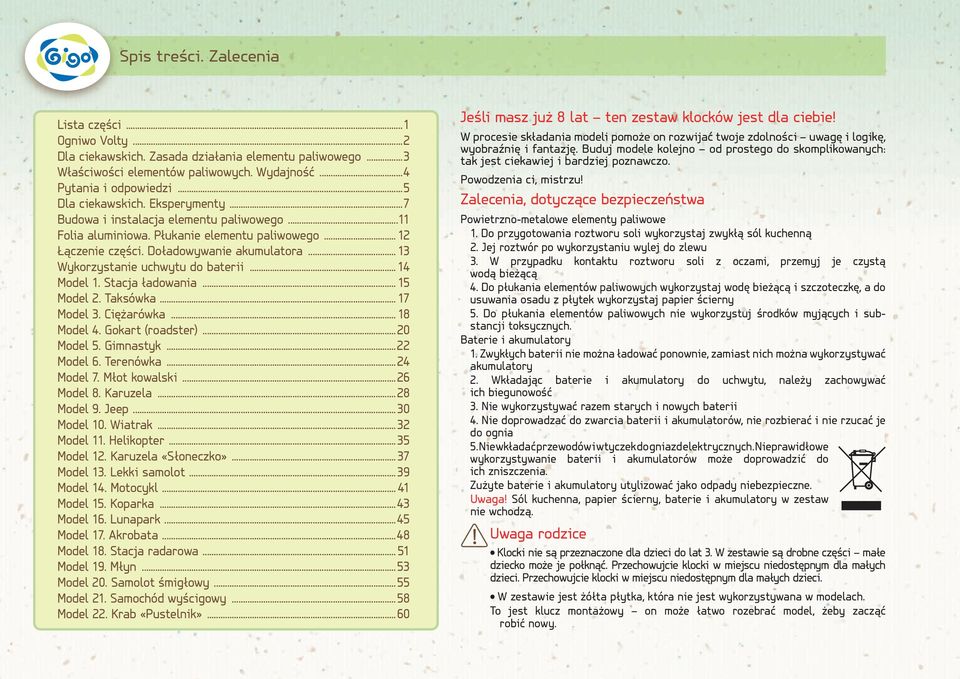 .. 13 Wykorzystanie uchwytu do baterii... 14 Model 1. Stacja ładowania... 15 Model 2. Taksówka... 17 Model 3. Ciężarówka... 18 Model 4. Gokart (roadster)...20 Model 5. Gimnastyk...22 Model 6.