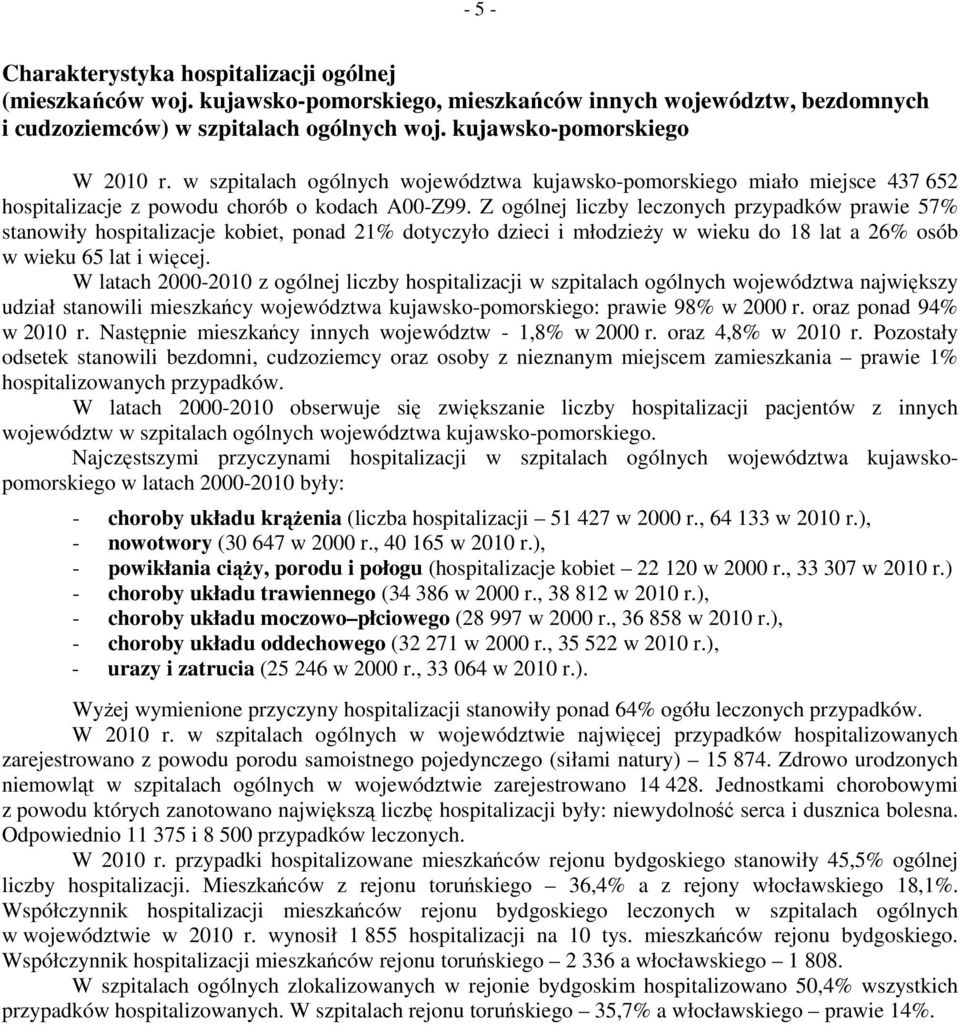 Z ogólnej liczby leczonych przypadków prawie 57% stanowiły hospitalizacje kobiet, ponad 21% dotyczyło dzieci i młodzieży w wieku do 18 lat a 26% osób w wieku 65 lat i więcej.