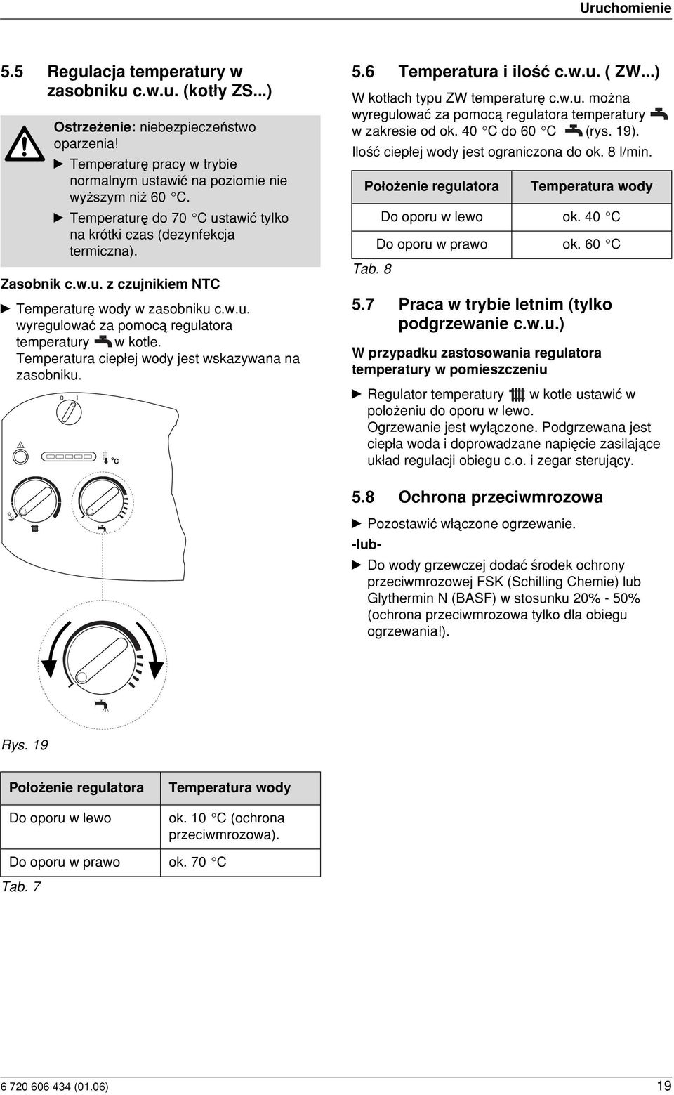 Temperatura ciep ej wody jest wskazywana na zasobniku. 5.6 Temperatura i ilo ç c.w.u. ( ZW...) W kot ach typu ZW temperaturæ c.w.u. mo na wyregulowaç za pomocå regulatora temperatury w zakresie od ok.