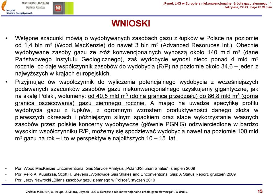 Obecnie wydobywane zasoby gazu ze złóż konwencjonalnych wynoszą około 140 mld m 3 (dane Państwowego Instytutu Geologicznego), zaś wydobycie wynosi nieco ponad 4 mld m 3 rocznie, co daje współczynnik