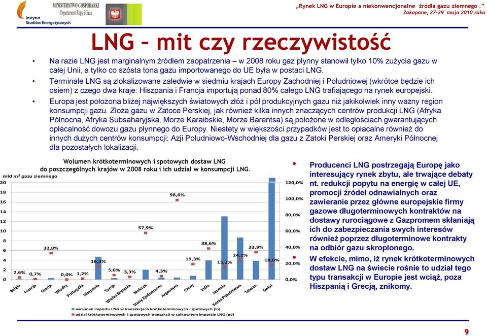 Terminale LNG są zlokalizowane zaledwie w siedmiu krajach Europy Zachodniej i Południowej (wkrótce będzie ich osiem) z czego dwa kraje: Hiszpania i Francja importują ponad 80% całego LNG trafiającego