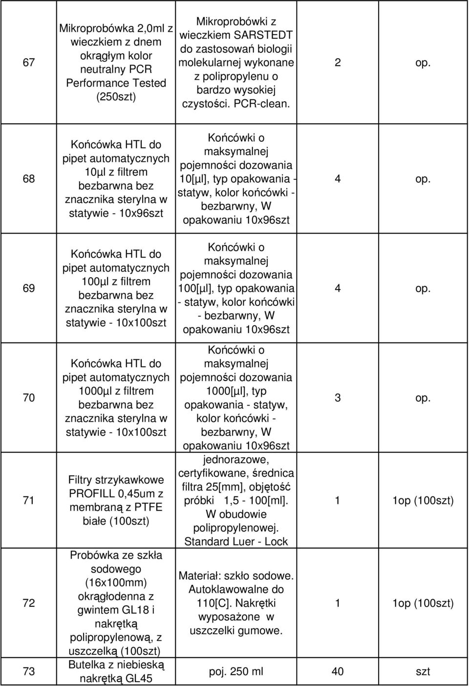 68 Końcówka HTL do pipet automatycznych 10µl z filtrem bezbarwna bez znacznika sterylna w statywie - 10x96szt Końcówki o maksymalnej pojemności dozowania 10[µl], typ opakowania - statyw, kolor