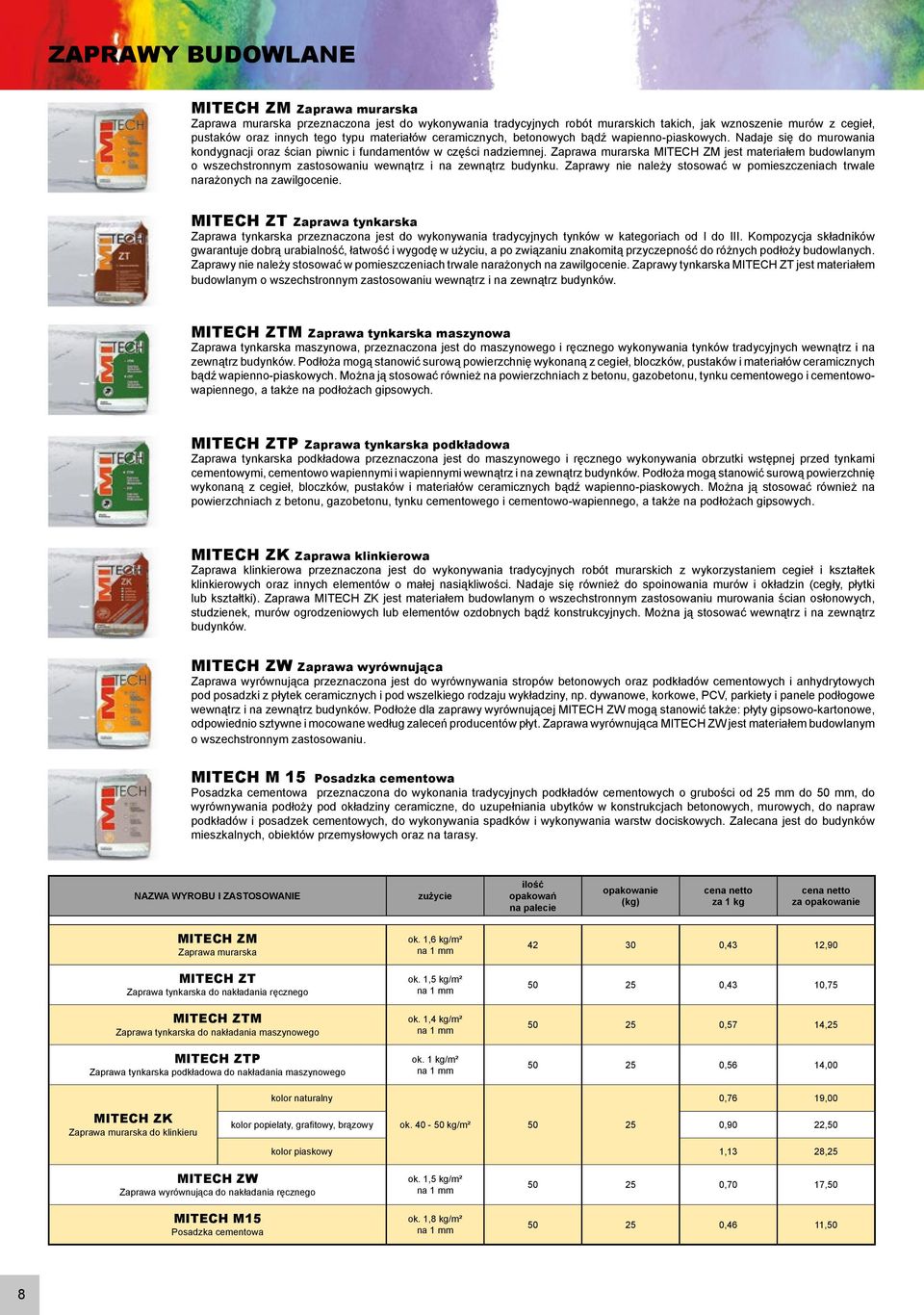 Zaprawa murarska MITECH ZM jest materiałem budowlanym o wszechstronnym zastosowaniu wewnątrz i na zewnątrz budynku. Zaprawy nie należy stosować w pomieszczeniach trwale narażonych na zawilgocenie.