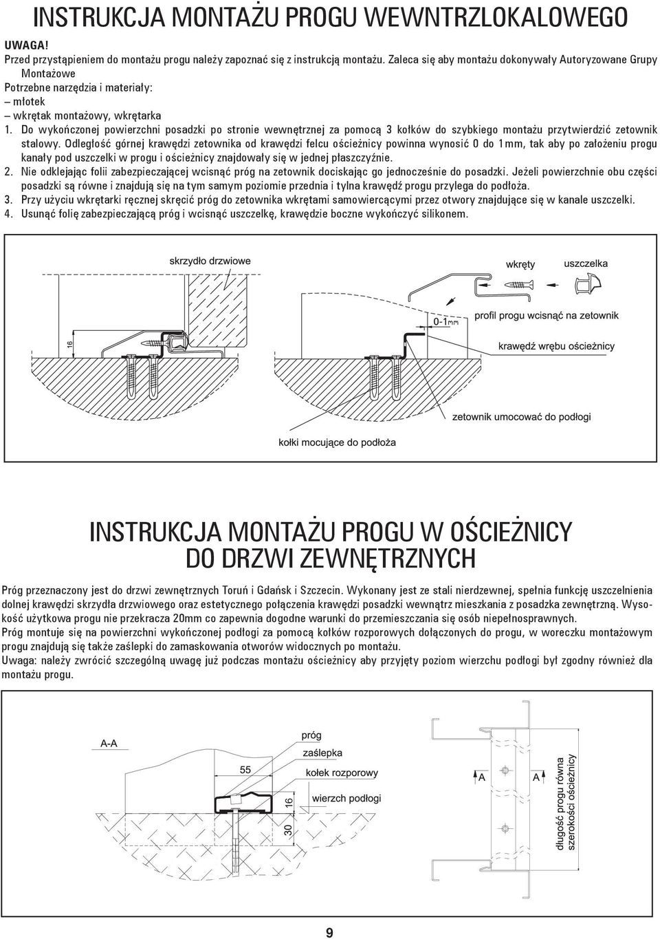 Do wykończonej powierzchni posadzki po stronie wewnętrznej za pomocą 3 kołków do szybkiego montażu przytwierdzić zetownik stalowy.