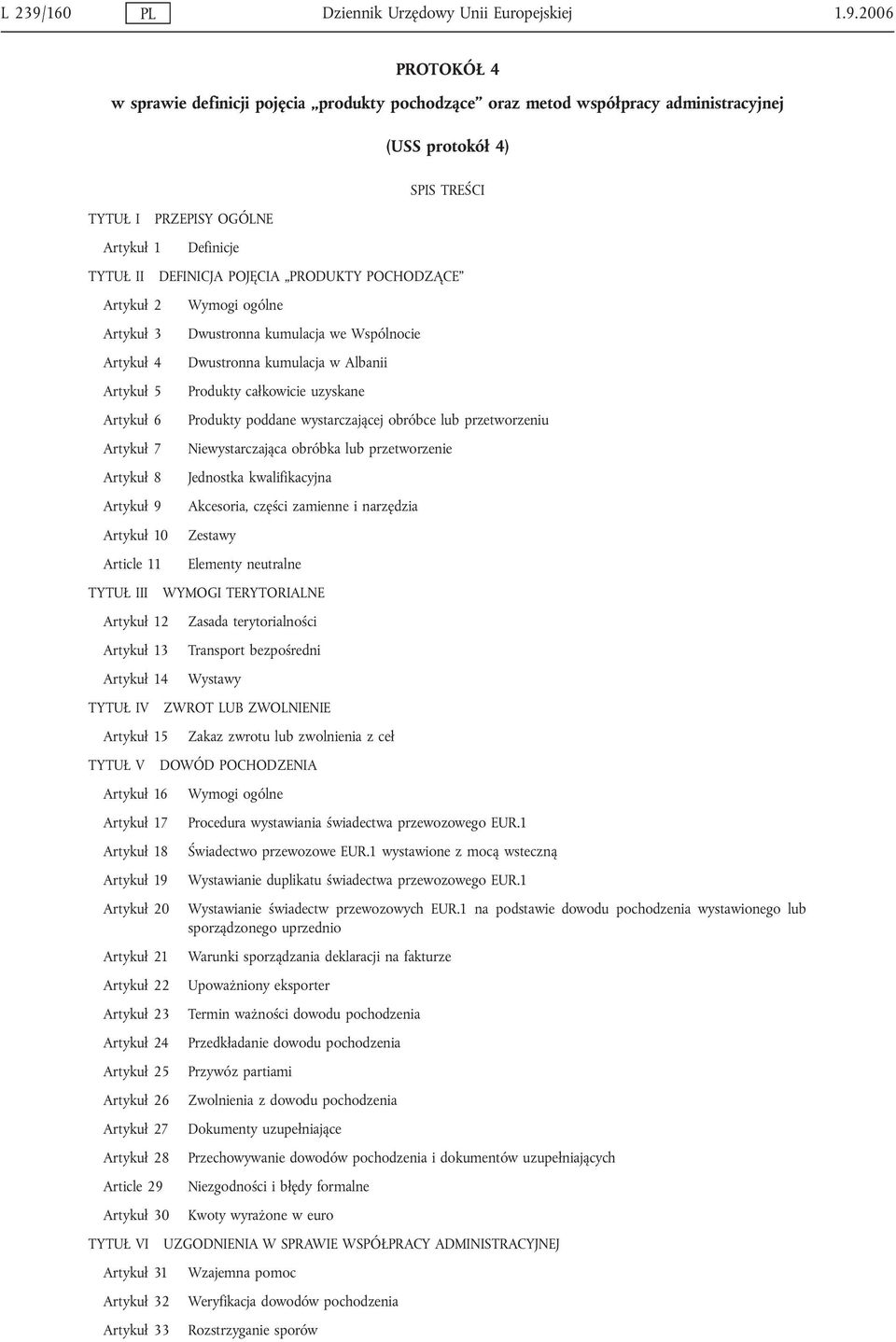 2006 PROTOKÓŁ 4 w sprawie definicji pojęcia produkty pochodzące oraz metod współpracy administracyjnej (USS protokół 4) TYTUŁ I Artykuł 1 TYTUŁ II Artykuł 2 Artykuł 3 Artykuł 4 Artykuł 5 Artykuł 6