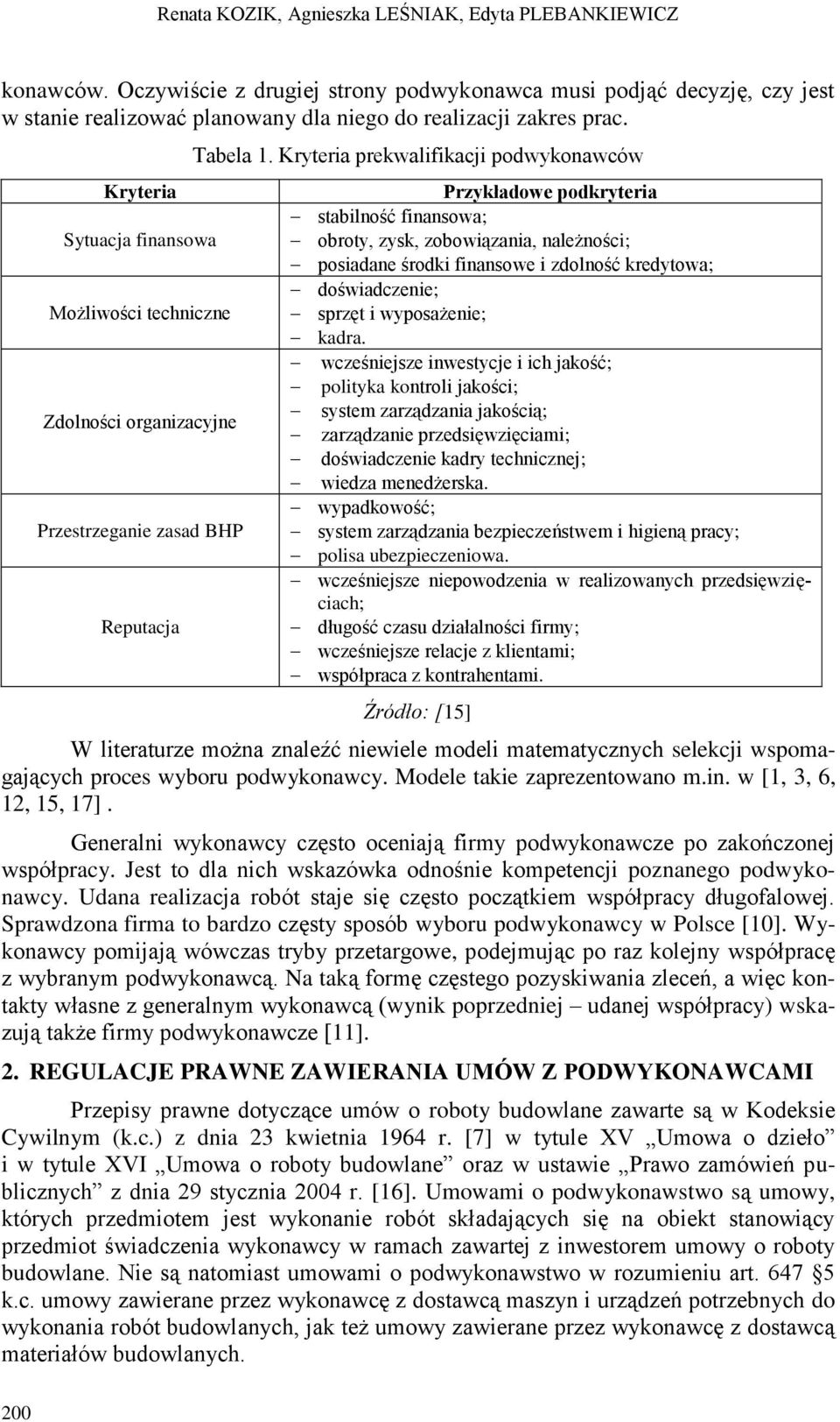 Kryteria prekwalifikacji podwykonawców Przykładowe podkryteria stabilność finansowa; obroty, zysk, zobowiązania, należności; posiadane środki finansowe i zdolność kredytowa; doświadczenie; sprzęt i