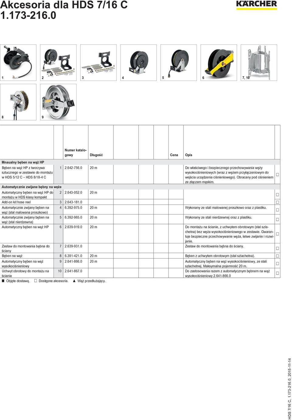 Automatycznie zwijane bębny na węże Automatyczny bęben na wąż HP do 2 2.643-052.0 20 m montażu w HDS klasy kompakt Add-on kit hose reel 3 2.643-181.0 Automatycznie zwijany bęben na 4 6.392-975.