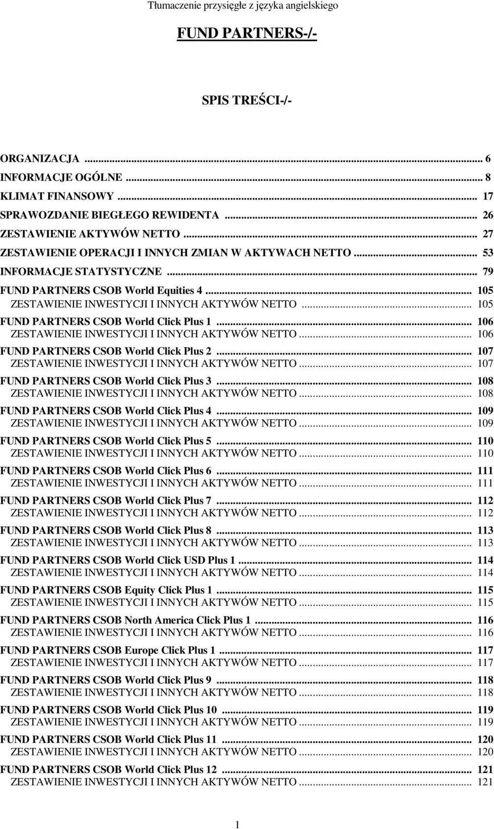 .. 105 FUND PARTNERS CSOB World Click Plus 1... 106 ZESTAWIENIE INWESTYCJI I INNYCH AKTYWÓW NETTO... 106 FUND PARTNERS CSOB World Click Plus 2... 107 ZESTAWIENIE INWESTYCJI I INNYCH AKTYWÓW NETTO.