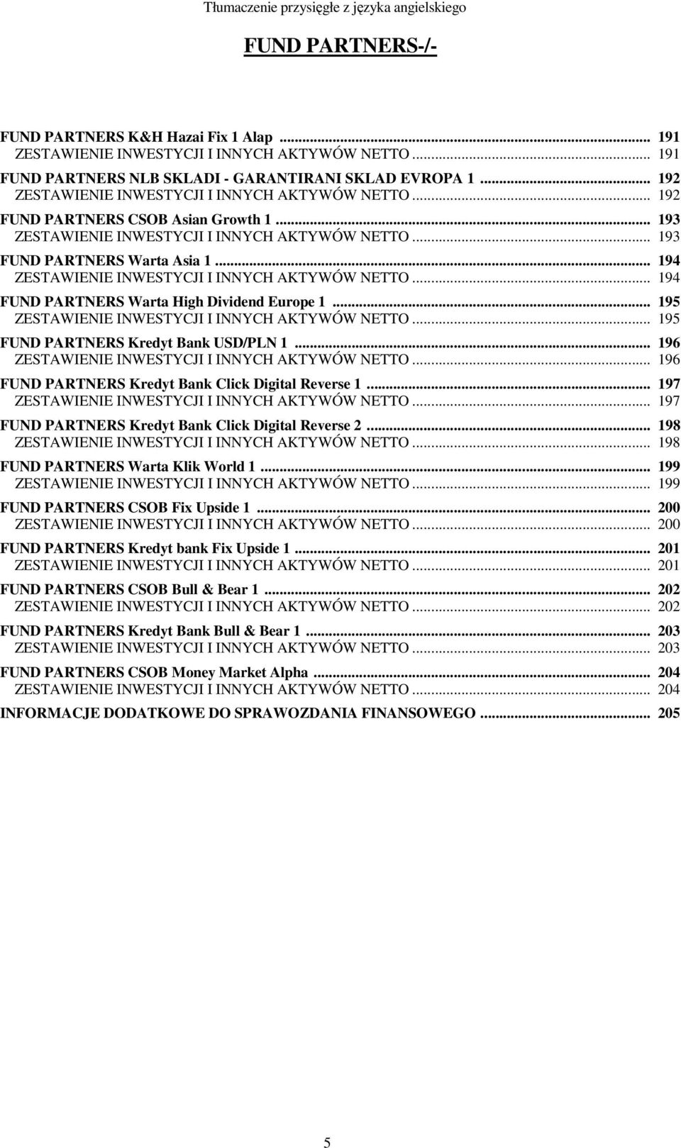 .. 194 ZESTAWIENIE INWESTYCJI I INNYCH AKTYWÓW NETTO... 194 FUND PARTNERS Warta High Dividend Europe 1... 195 ZESTAWIENIE INWESTYCJI I INNYCH AKTYWÓW NETTO... 195 FUND PARTNERS Kredyt Bank USD/PLN 1.