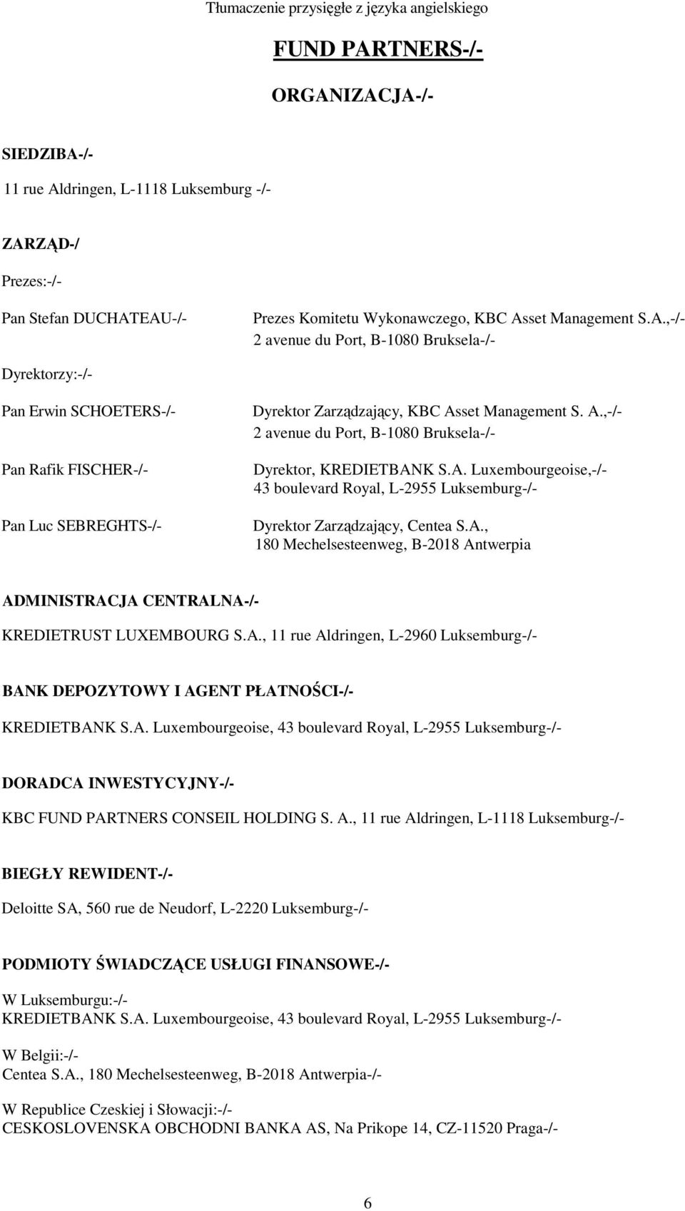 set Management S. A.,-/- 2 avenue du Port, B-1080 Bruksela-/- Dyrektor, KREDIETBANK S.A. Luxembourgeoise,-/- 43 boulevard Royal, L-2955 Luksemburg-/- Dyrektor Zarządzający, Centea S.A., 180 Mechelsesteenweg, B-2018 Antwerpia ADMINISTRACJA CENTRALNA-/- KREDIETRUST LUXEMBOURG S.