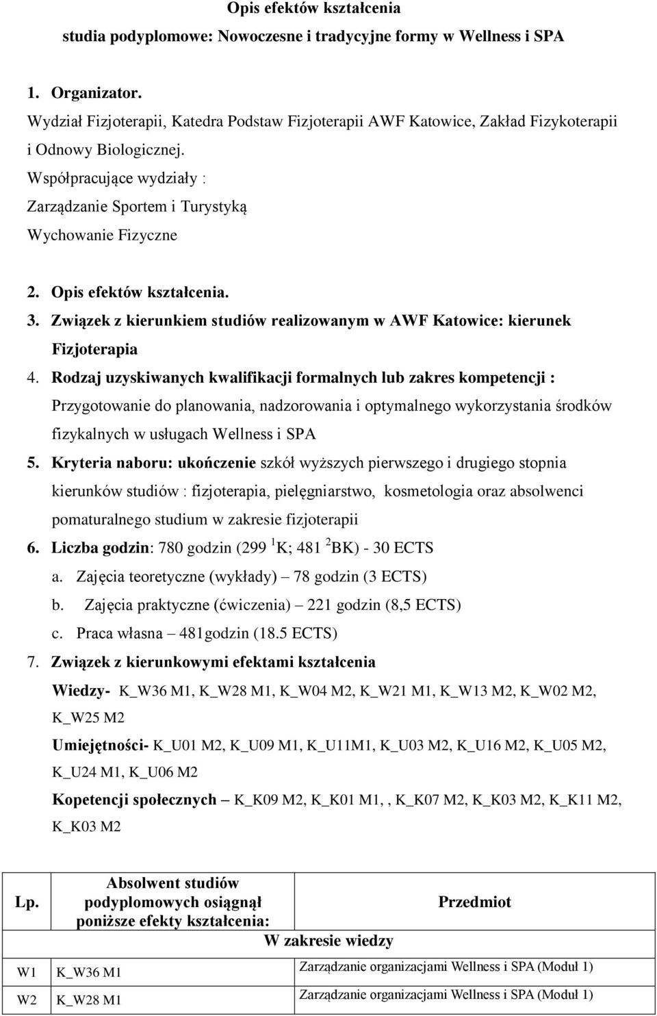 Opis efektów kształcenia. 3. Związek z kierunkiem studiów realizowanym w AWF Katowice: kierunek Fizjoterapia 4.