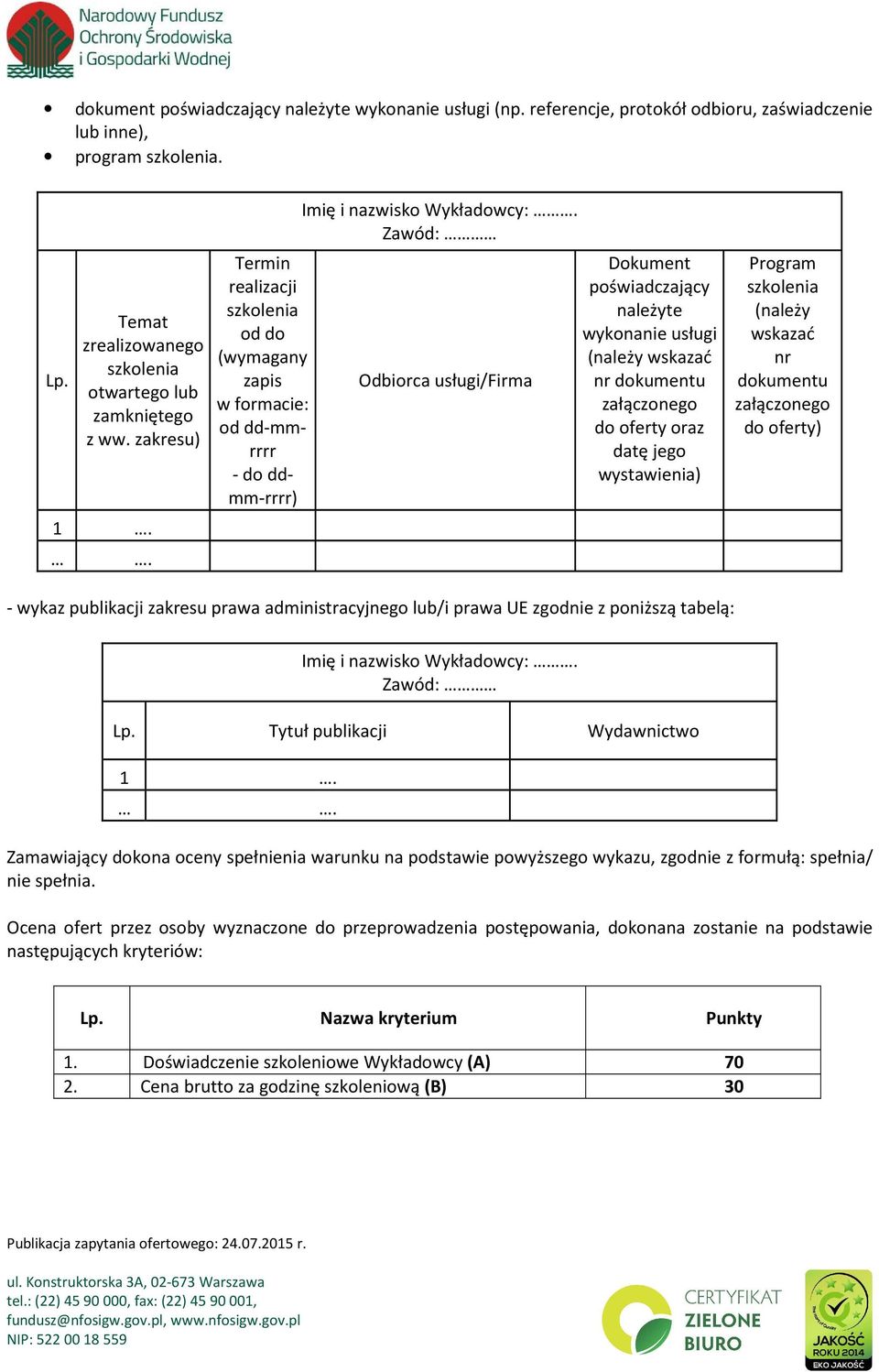 Zawód: Odbiorca usługi/firma Dokument poświadczający należyte wykonanie usługi (należy wskazać nr dokumentu załączonego do oferty oraz datę jego wystawienia) Program szkolenia (należy wskazać nr