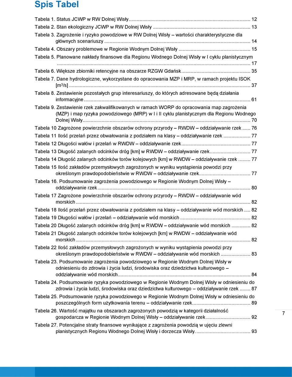 Planowane nakłady finansowe dla Regionu Wodnego Dolnej Wisły w I cyklu planistycznym... 17 Tabela 6. Większe zbiorniki retencyjne na obszarze RZGW Gdańsk... 35 Tabela 7.