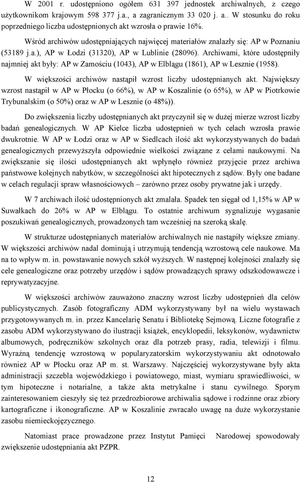 Archiwami, które udostępniły najmniej akt były: AP w Zamościu (1043), AP w Elblągu (1861), AP w Lesznie (1958). W większości archiwów nastąpił wzrost liczby udostępnianych akt.