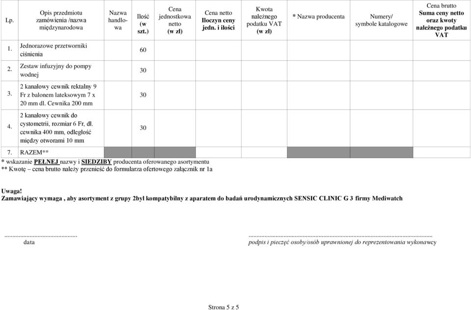 cewnika 400 mm, odległość między otworami 10 mm 7. RAZEM** ** Kwotę cena brutto należy przenieść do formularza ofertowego załącznik nr 1a Uwaga!