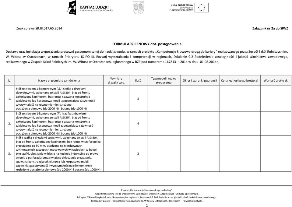 Witosa w Ostrożanach, w ramach Priorytetu IX PO KL Rozwój wykształcenia i kompetencji w regionach, Działanie 9.