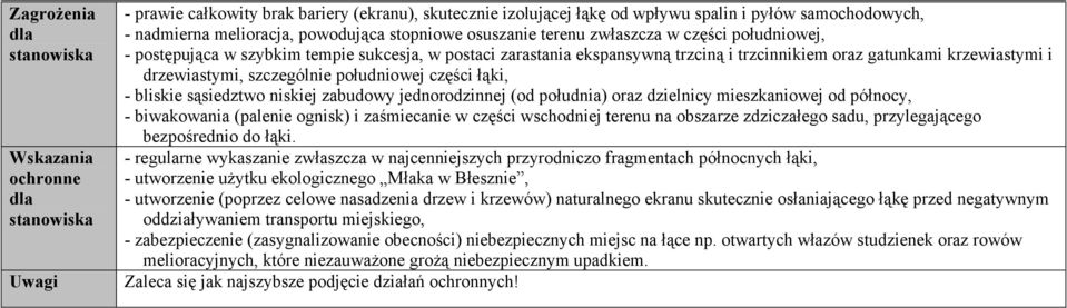 drzewiastymi, szczególnie południowej części łąki, - bliskie sąsiedztwo niskiej zabudowy jednorodzinnej (od południa) oraz dzielnicy mieszkaniowej od północy, - biwakowania (palenie ognisk) i