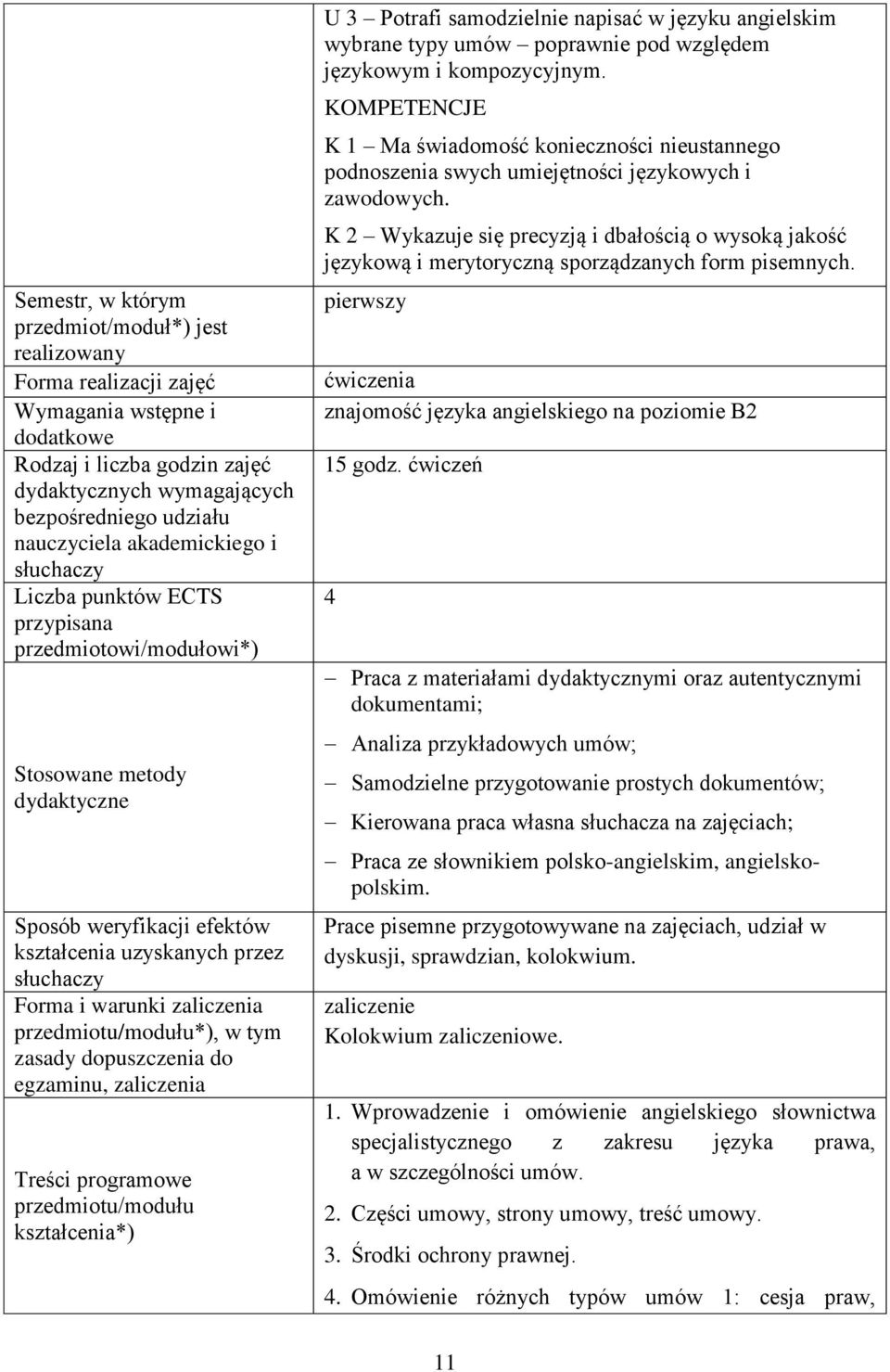 dopuszczenia do egzaminu, zaliczenia Treści programowe U 3 Potrafi samodzielnie napisać w języku angielskim wybrane typy umów poprawnie pod względem językowym i kompozycyjnym.