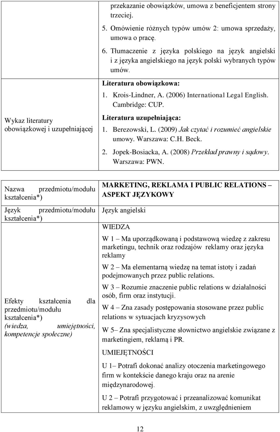 Krois-Lindner, A. (2006) International Legal English. Cambridge: CUP. Literatura uzupełniająca: 1. Berezowski, L. (2009) Jak czytać i rozumieć angielskie umowy. Warszawa: C.H. Beck. 2.