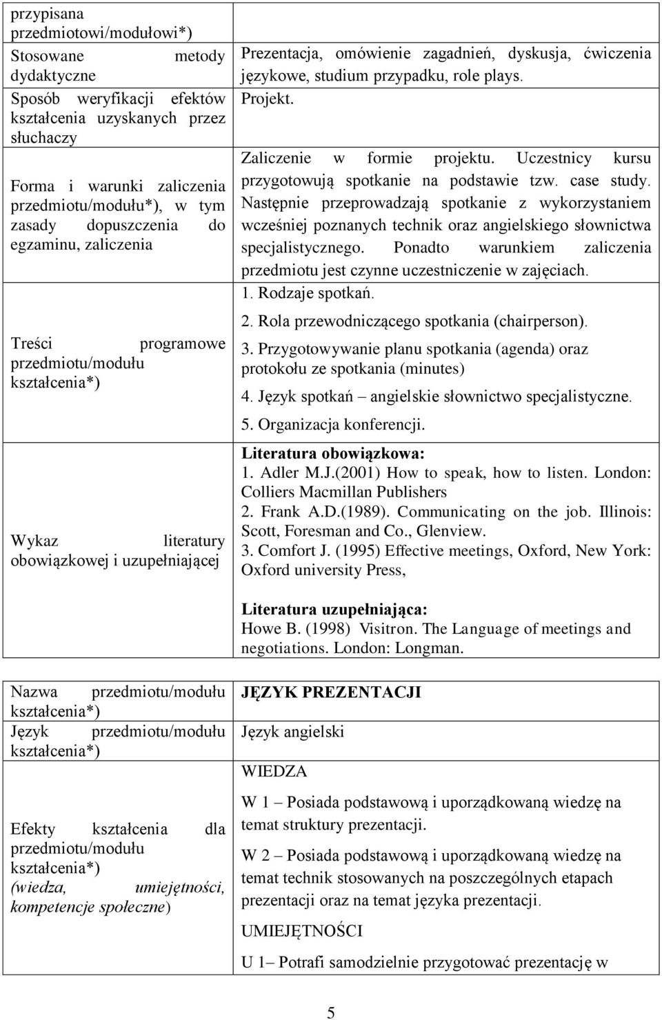 Zaliczenie w formie projektu. Uczestnicy kursu przygotowują spotkanie na podstawie tzw. case study.