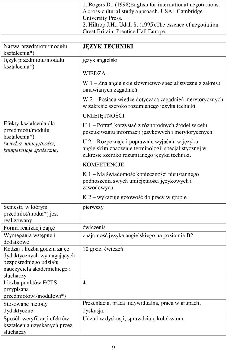 Nazwa Język Efekty kształcenia dla (wiedza, umiejętności, kompetencje społeczne) Semestr, w którym przedmiot/moduł*) jest realizowany Forma realizacji zajęć Wymagania wstępne i dodatkowe Rodzaj i