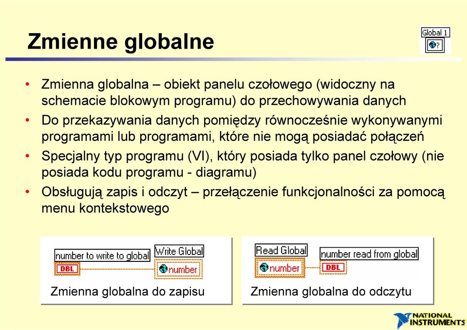 połączeń Specjalny typ programu (VI), który posiada tylko panel czołowy (nie posiada kodu programu - diagramu) Obsługują