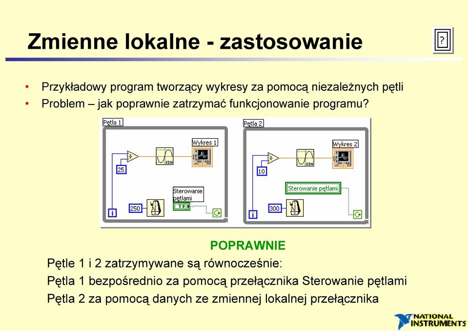 POPRAWNIE Pętle 1 i 2 zatrzymywane są równocześnie: Pętla 1 bezpośrednio za