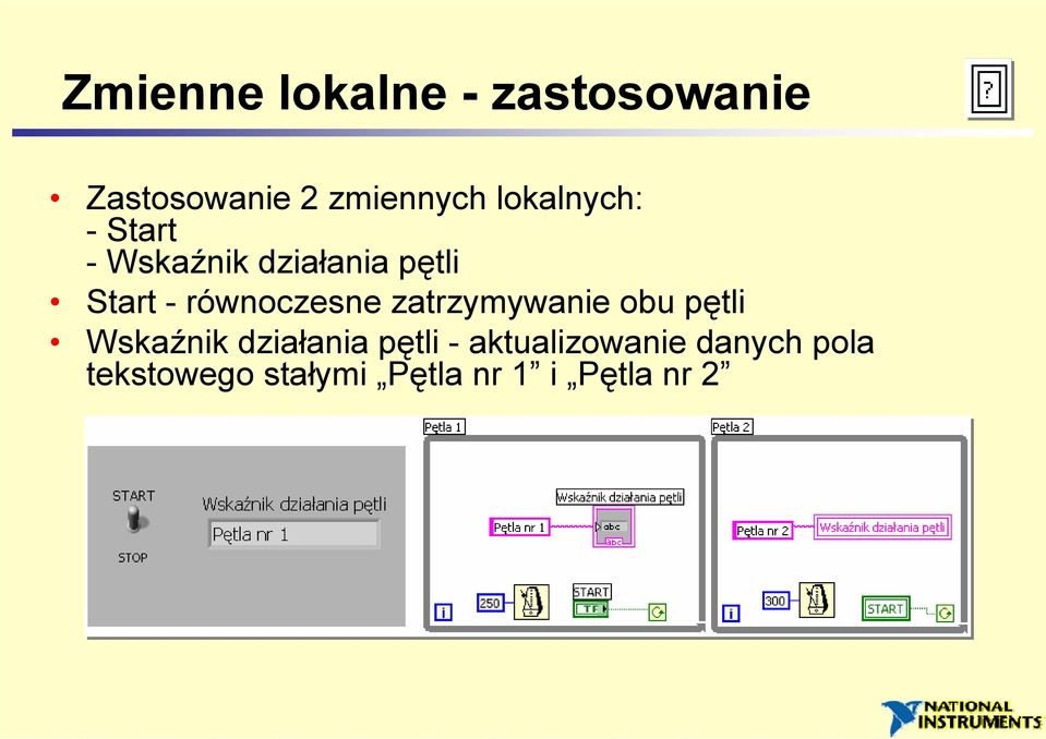 równoczesne zatrzymywanie obu pętli Wskaźnik działania pętli