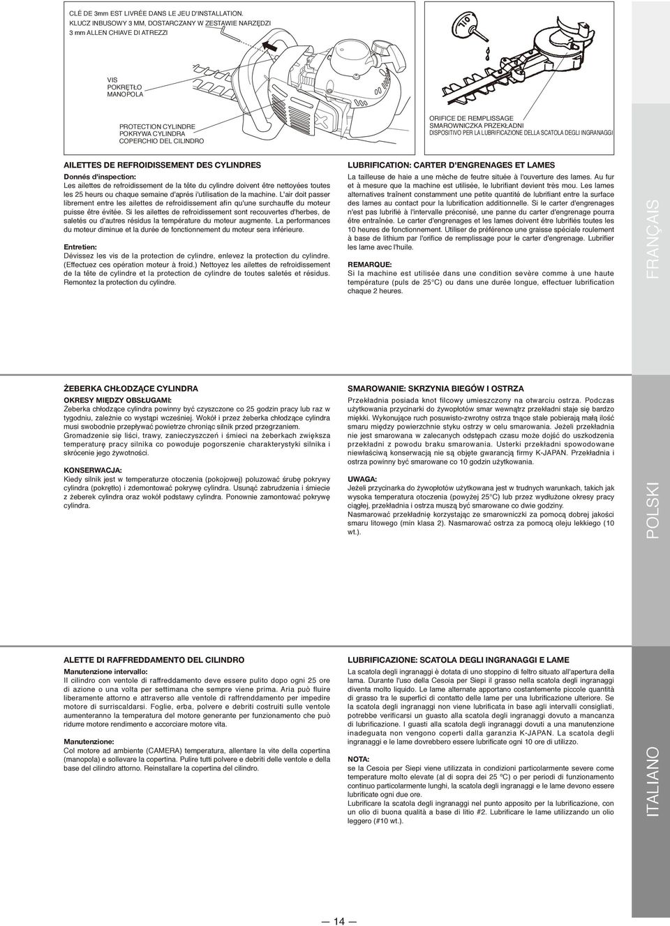 PRZEKŁADNI DISPOSITIVO PER LA LUBRIFICAZIONE DELLA SCATOLA DEGLI INGRANAGGI AILETTES DE REFROIDISSEMENT DES CYLINDRES Donnés d'inspection: Les ailettes de refroidissement de la tête du cylindre