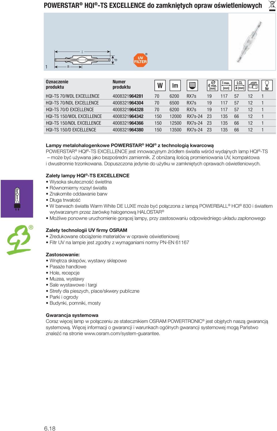 23 135 66 12 1 HQI-TS 150/D EXCELLENCE 4008321964380 150 13500 RX7s-24 23 135 66 12 1 Lampy metalohalogenkowe POWERSTAR HQI z technologią kwarcową POWERSTAR HQI -TS EXCELLENCE jest innowacyjnym