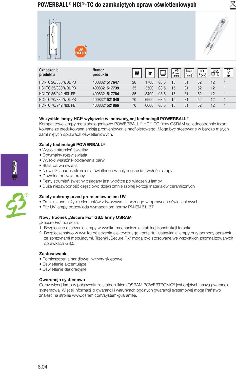 5 15 81 52 12 1 Wszystkie lampy HCI wyłącznie w innowacyjnej technologii POWERBALL Kompaktowe lampy metalohalogenkowe POWERBALL HCI -TC firmy OSRAM są jednostronnie trzonkowane ze zredukowaną emisją