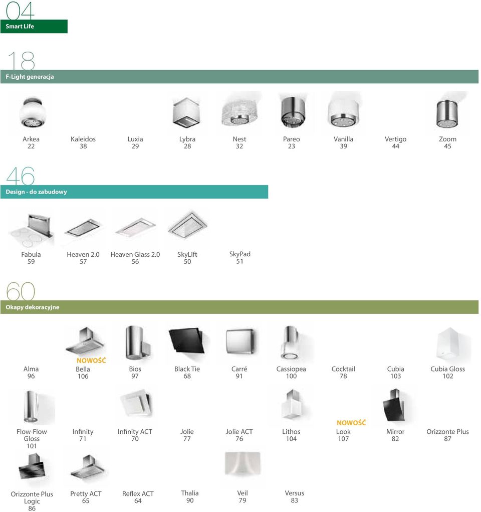 0 56 SkyLift 50 SkyPad 51 60 Okapy dekoracyjne Alma 96 NOWOŚĆ Bella 106 Bios 97 Black Tie 68 Carré 91 Cassiopea 100 Cocktail 78 Cubia