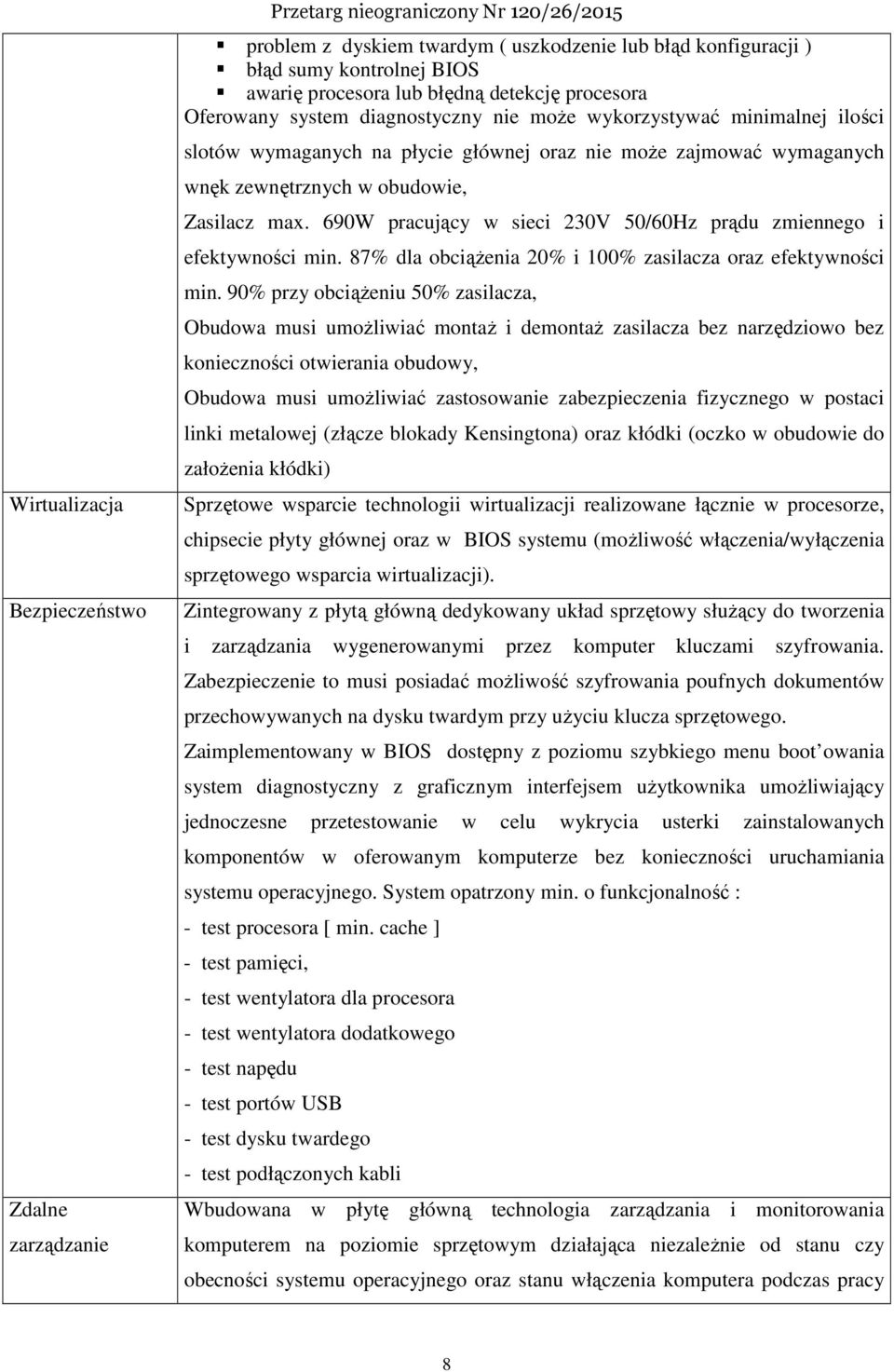 Zasilacz max. 690W pracujący w sieci 230V 50/60Hz prądu zmiennego i efektywności min. 87% dla obciążenia 20% i 100% zasilacza oraz efektywności min.