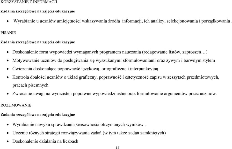 sformułowaniami oraz żywym i barwnym stylem Ćwiczenia doskonalące poprawność językową, ortograficzną i interpunkcyjną Kontrola dbałości uczniów o układ graficzny, poprawność i estetyczność zapisu w