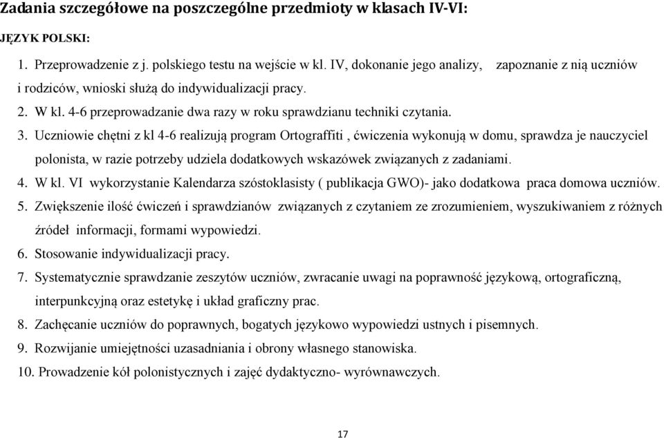 Uczniowie chętni z kl 4-6 realizują program Ortograffiti, ćwiczenia wykonują w domu, sprawdza je nauczyciel polonista, w razie potrzeby udziela dodatkowych wskazówek związanych z zadaniami. 4. W kl.