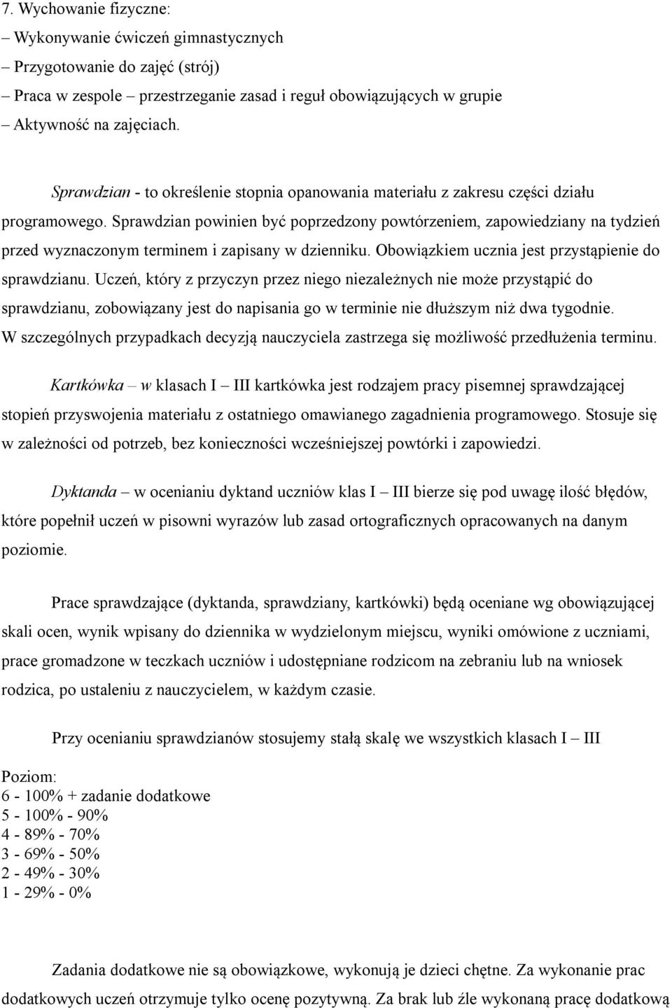 Sprawdzian powinien być poprzedzony powtórzeniem, zapowiedziany na tydzień przed wyznaczonym terminem i zapisany w dzienniku. Obowiązkiem ucznia jest przystąpienie do sprawdzianu.