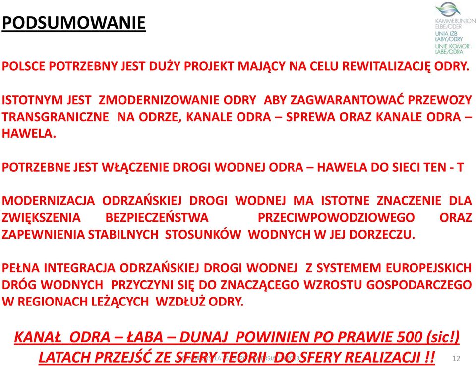 POTRZEBNE JEST WŁĄCZENIE DROGI WODNEJ ODRA HAWELA DO SIECI TEN - T MODERNIZACJA ODRZAŃSKIEJ DROGI WODNEJ MA ISTOTNE ZNACZENIE DLA ZWIĘKSZENIA BEZPIECZEŃSTWA PRZECIWPOWODZIOWEGO ORAZ