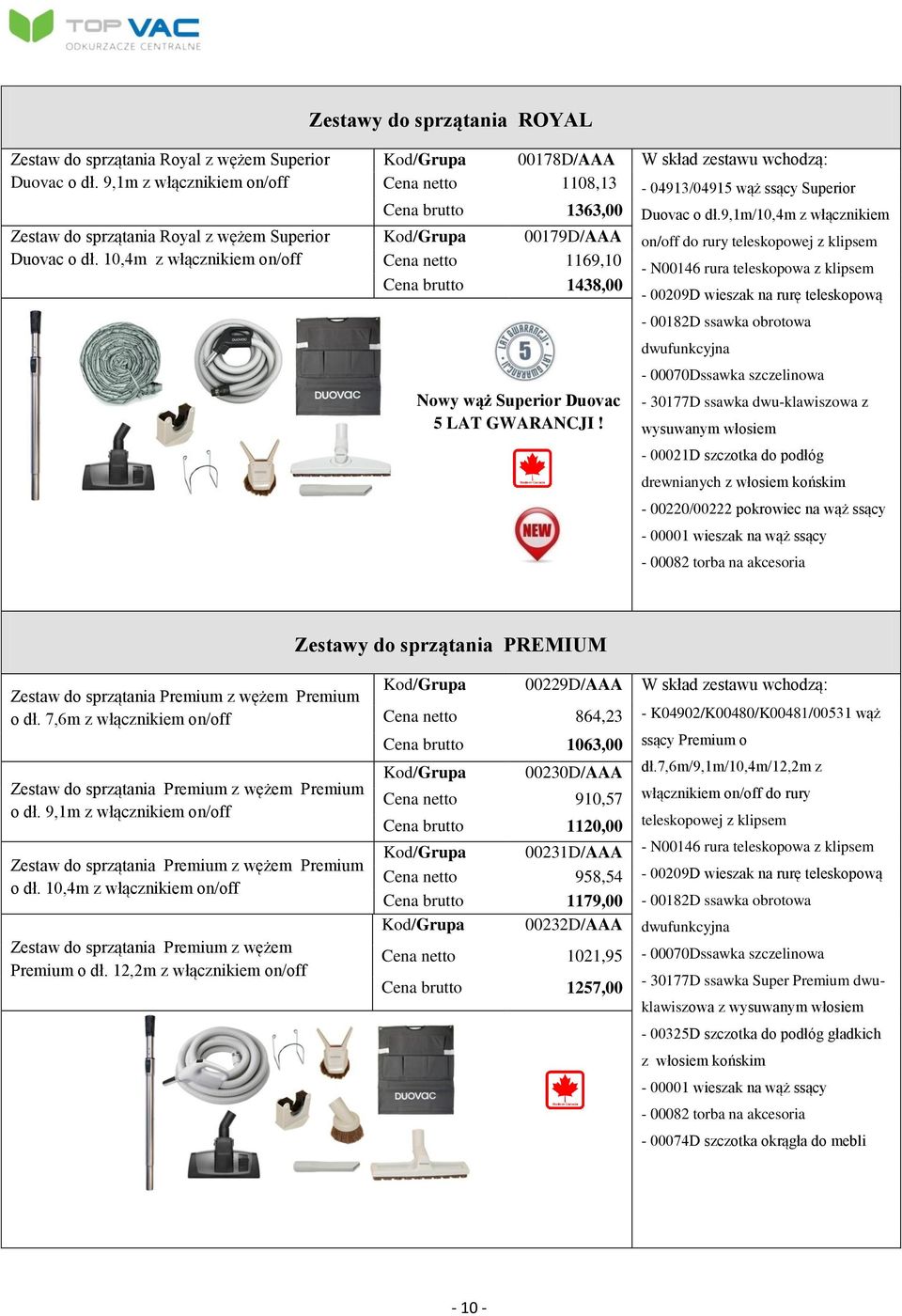 9,1m/10,4m z włącznikiem on/off do rury teleskopowej z klipsem Cena netto 1169,10 - N00146 rura teleskopowa z klipsem Cena brutto 1438,00-00209D wieszak na rurę teleskopową Nowy wąż Superior Duovac 5