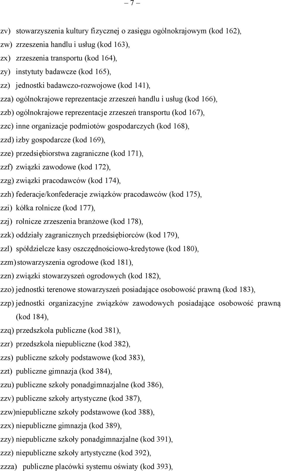 podmiotów gospodarczych (kod 168), zzd) izby gospodarcze (kod 169), zze) przedsiębiorstwa zagraniczne (kod 171), zzf) związki zawodowe (kod 172), zzg) związki pracodawców (kod 174), zzh)